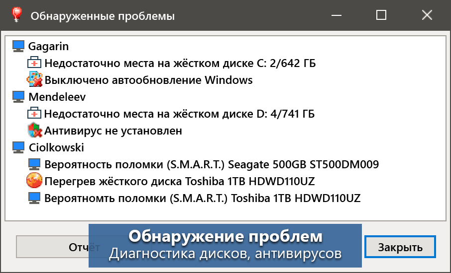 Мониторинг здоровья жестких дисков, антивирусов, обнаружение перегрева.